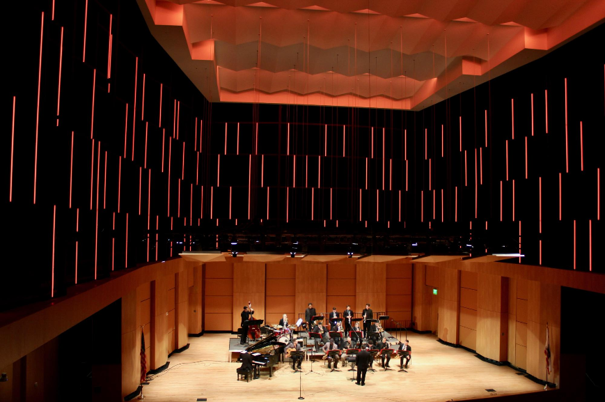 Picture of jazz ensemble on concert hall stage.